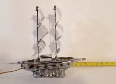 Sailboat table tv night lamp chrome metal green red lights 1950s, View more