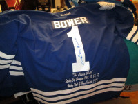 Johnny Bower Autographed Limited Edition Maple Leaf Stats Jersey