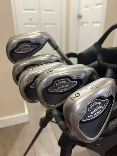 RH callaway irons and Taylormade stand bag, View more