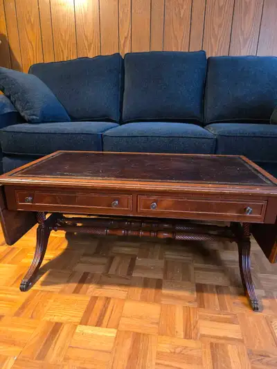 Unique antique Leather Topped Wood Coffee Table, View more