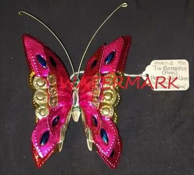 FOLK ART, HANDMADE METAL, PINK, & GOLD BUTTERFLY, C.S.A.C., View more