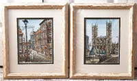 Set of two hand-colored lithographs of Old Montreal by Lazo