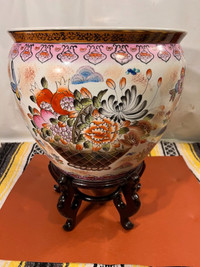Planter- Chinese Porcelain Fishbowl w' Wooden Stand,16” D X 21 H