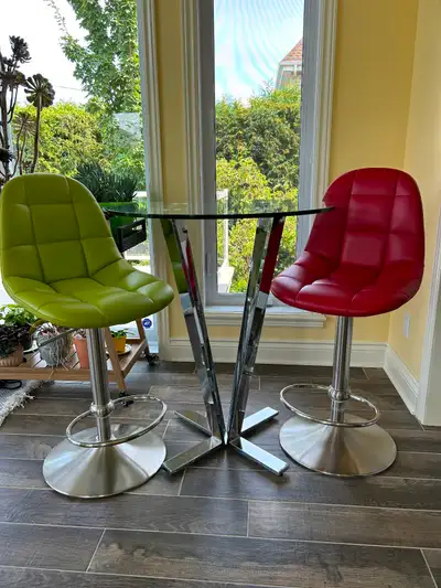 Round glass table with leather chairs, View more