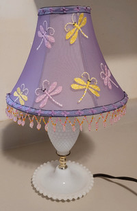 Vintage Hobnail Milk Glass Lamp with Embroidered Dragonfly Shade