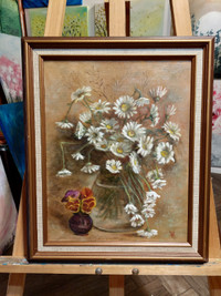 Vintage Original Oil Painting, daisies, by Anna Ragaz 1994