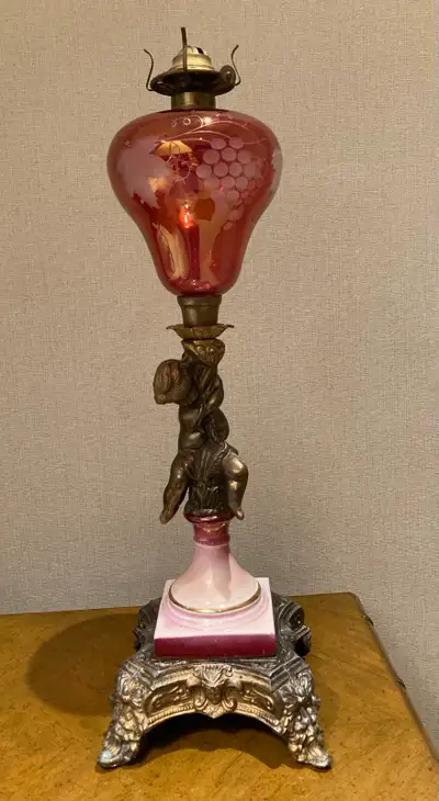 Vintage Cherub Cranberry Glass Oil Lamp, View more