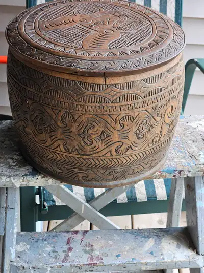 HAND CARVED ROUND BOX OR CONTAINER, View more