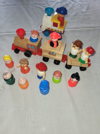 vintage wooden toy train and people