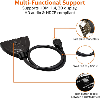 NEW Amazon Basics 3 Port HDMI Switch with Pigtail Cable 3in 1out, View more