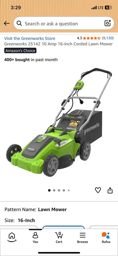 Greenworks 25142 10 Amp 16-Inch Corded Lawn Mower, View more