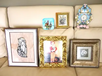 Several Pieces of  Wall Art, Framed Art & Cherub Resin Clock, View more