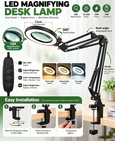 Brand New LED Magnifying Desk Lamp – 10X Adjustable Light, View more