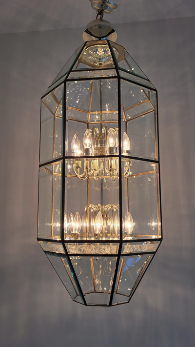 Lampe en laiton et vitre pour entrée Brass and Glass Chandelier, View more