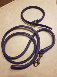 GENUINE LEATHER - DOG COLLAR & LEASH SET - Purple Rolled Leather