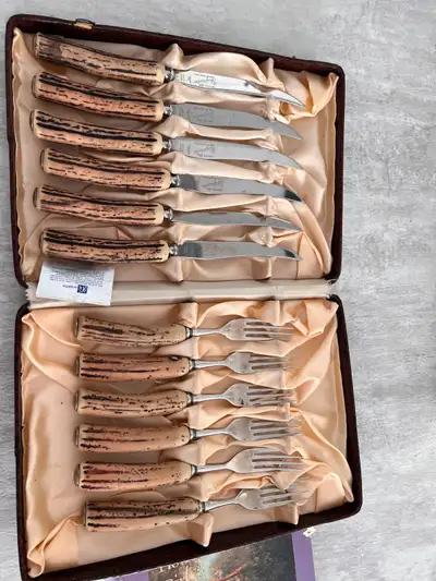 VINTAGE STEAK KNIVES/FORKS SET IN CASE, View more