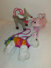 3 Kids Plush Tote Bag Purses,Poochie Unicorn,Fawn/Deer,Pink Pig