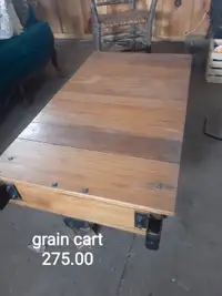 Grain cart, wood bench, chairs