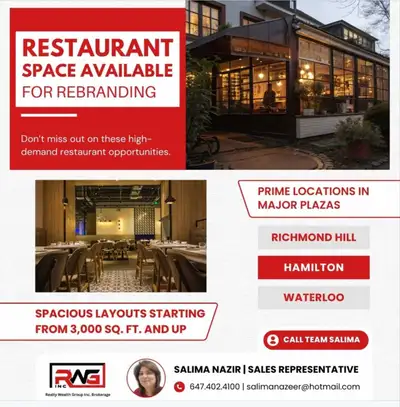 RESTAURANT SPACE AVAILABLE FOR REBRANDING. HAMILTON WATERLOO RICHMOND HILL MISSISSAUGA BRAMPTON. CAM...