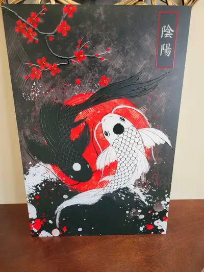 Brand New Gallery Panda Large 16"x 24" Black Koi Circle Embossed Acrylic Wall Art Artwork Designed b...