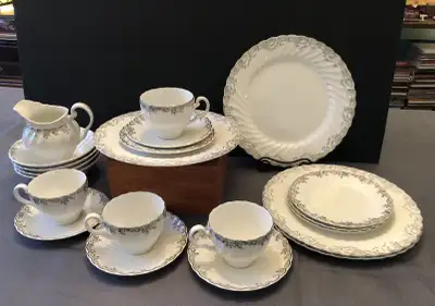 SALE: Johnson Brothers: Vintage Platinum Trimmed Dishes, View more