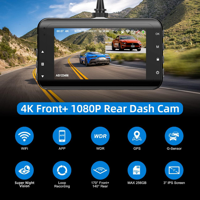Edospor 4K Dash Cam Front and Rear Built in WiFi GPS Dash Camera in Cameras & Camcorders in City of Toronto - Image 2