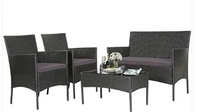 4PCS Patio Rattan Furniture Set Cushioned Sofa Gray, View more