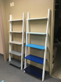 Blue leaning book shelf 