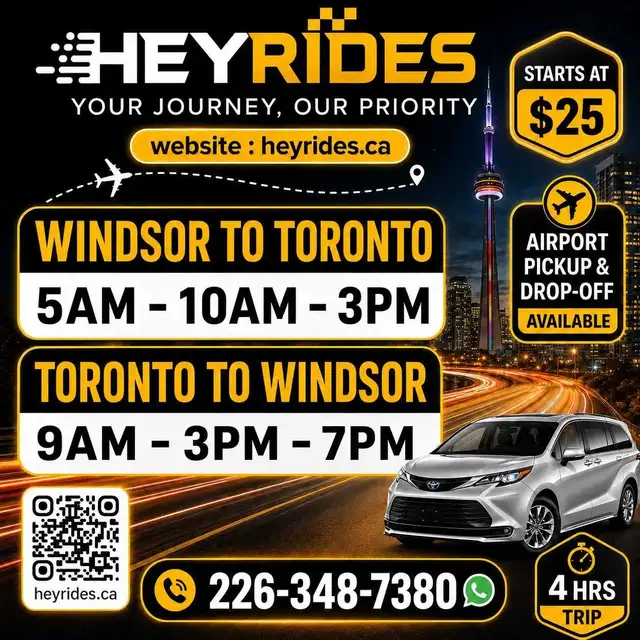 5AM ,10AM, 3PM,   》WINDSOR TO TORONTO 》EVERYDAY 