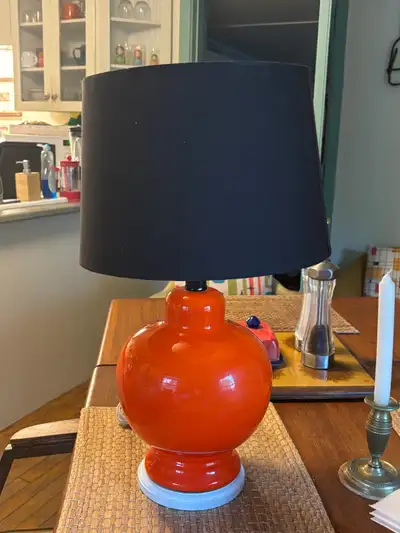 MCM Ceramic Orange Table Lamp With Wooden Base and Modern Shade, View more