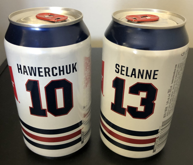 Selanne & Hawerchuk Winnipeg Jets Molson Canadian FULL Beer Cans in Arts & Collectibles in Winnipeg