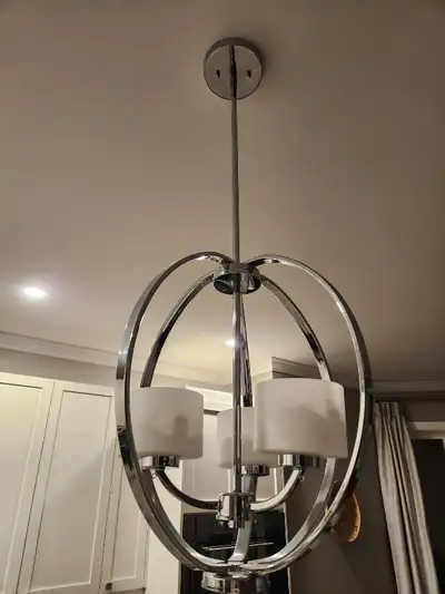 Three Light Chandelier in Chrome and White Opal , View more