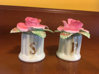 Vintage Bone China Mint Green Rose Top Salt and Pepper Shakers