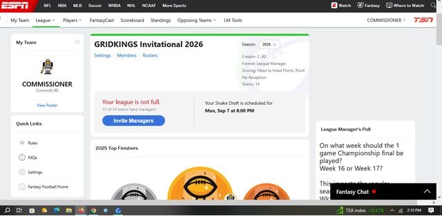 ESPN FFL $50 buy-in needs owners (Toronto based)