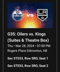 URGENT SALE - 2 tickets @ $100 each Oilers vs. Kings.