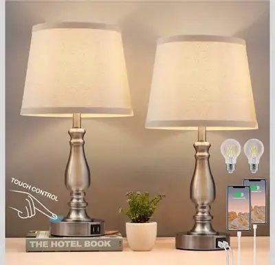 Lamps for Bedrooms Set of 2, Brushed Nickel Bedside Lamps, View more