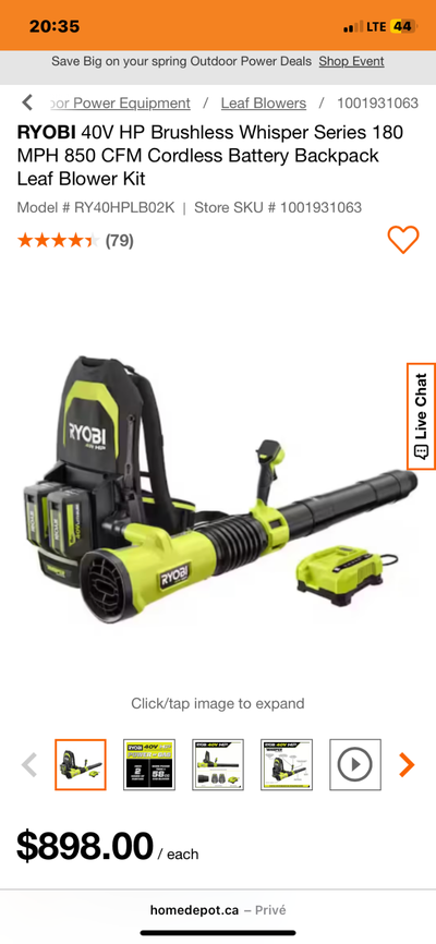 RYOBI 40V HP Brushless Whisper Series 180MPH 850 CFM Cordless B, View more