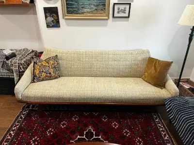 Vintage Mid-Century Modern Tweed Sofa – Chartreuse & White – 84”, View more