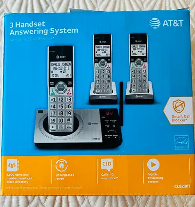 AT&T 3 HANDSET & ANSWERING SYSTEM WITH SMART CALL BLOCKER 3 HANDSETS ONE TOUCH CALL BLOCK SMART CALL...