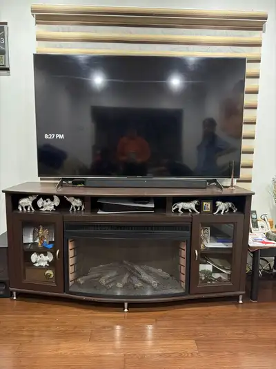 Cozy wooden TV stand  with fireplace( price-negotiable), View more