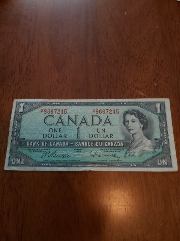 B of C 1954 $1 Bill Devils Face Beattie-Raminsky B/F 8667245 in Arts & Collectibles in Saint John