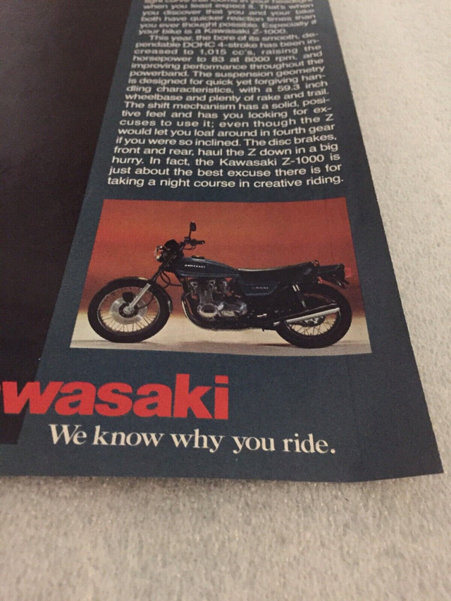 Authentic 1977 Kawasaki K-1000 Bike Ad in Arts & Collectibles in North Bay - Image 2