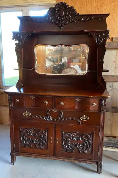 Meuble ancien bois massif sculté miroir biseauté fin 1800 , View more