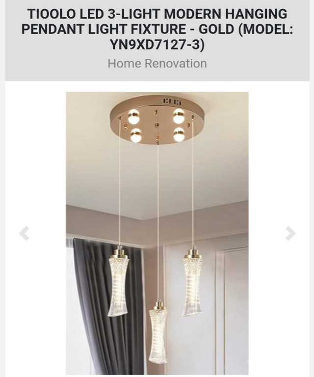 TIOOLO LED 3-LIGHT MODERN HANGING PENDANT LIGHT FIXTURE - GOLD in Indoor Lighting & Fans in Markham / York Region - Image 3