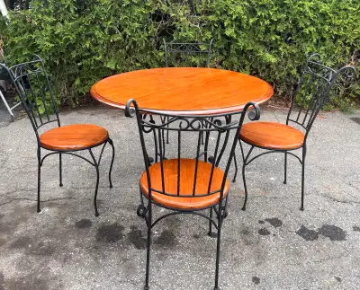 Round Wood Dining Table Set with Wrought Iron Base & 4 Chairs, View more