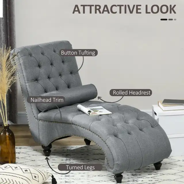 Button Tufted Chaise Lounge Chair Indoor Upholstered Lounge Chai in Chairs & Recliners in Markham / York Region - Image 6