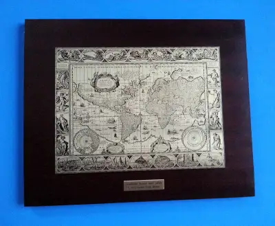 World map reproduction printed on metal (brass?), View more