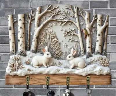 *NEW* 2-D FLAT WOODEN SLAT KEYCHAIN HOLDER-BUNNIES IN THE BIRCH, View more