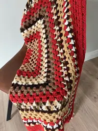 Handmade Crochet Granny Square Blanket Throw Red White Brown 