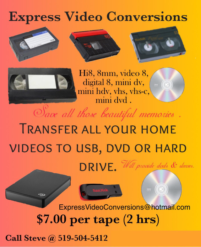 Transfer Hi8,8mm,Mini DV and VHS Tapes  $7/tape in Video & TV Accessories in Kitchener / Waterloo - Image 2